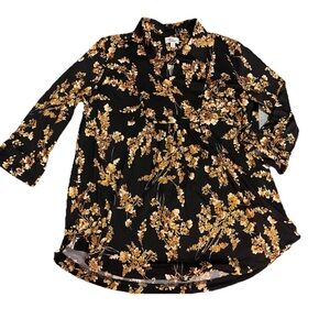 Kim Rogers ladies poly stretch black gold floral tunic top size medium roll tab‎